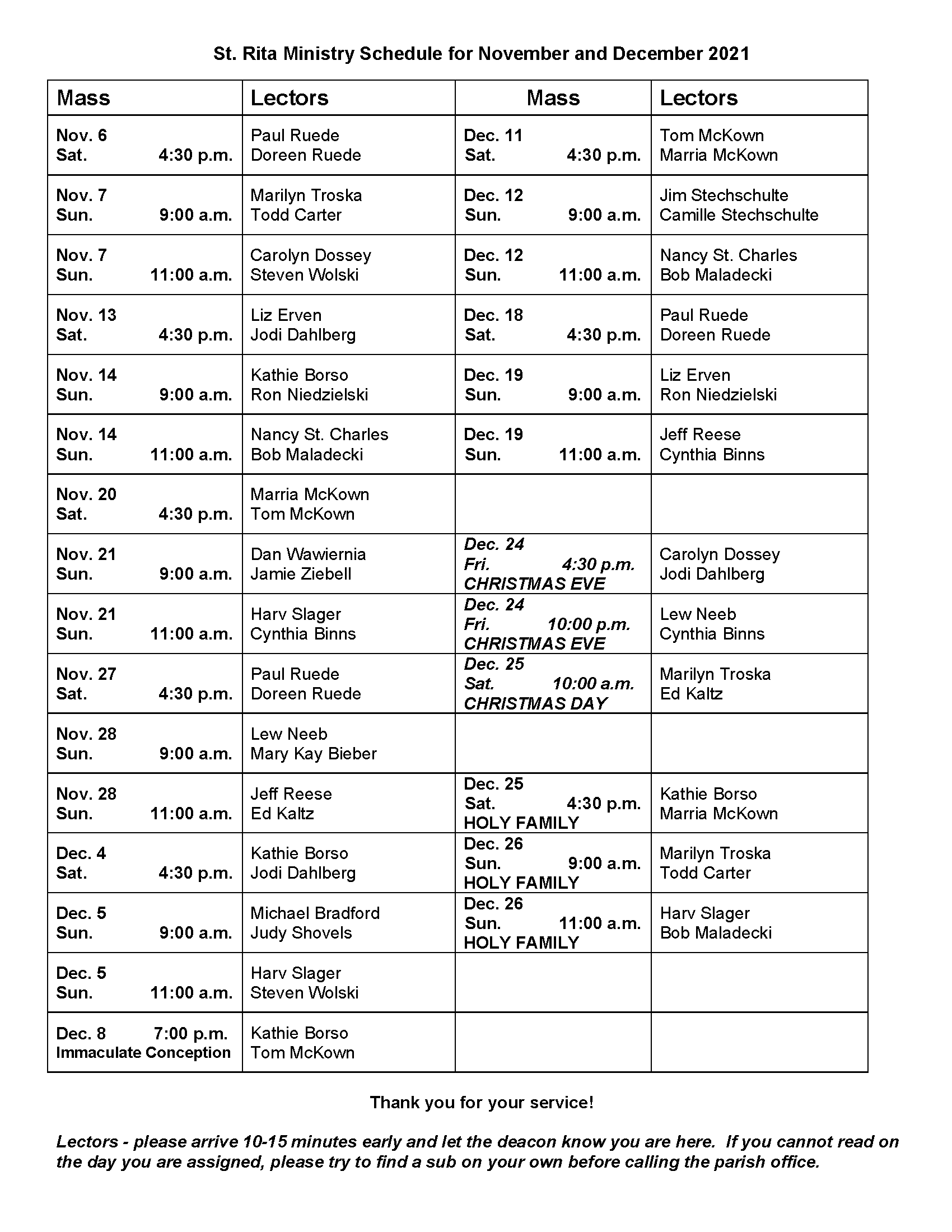 Lector schedule for november december st rita catholic church